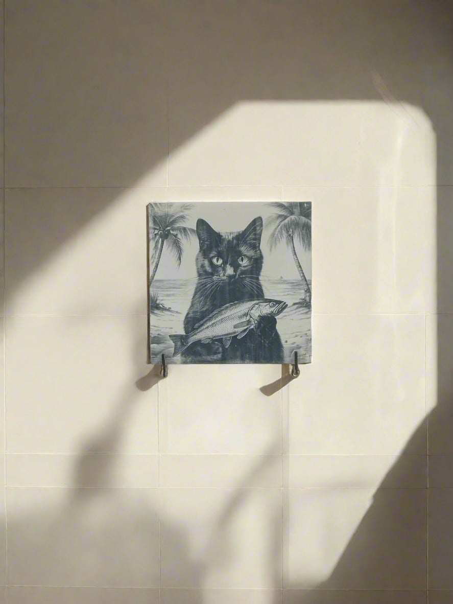 Kit 4 azulejos gatos pretos na praia. - Finngifts