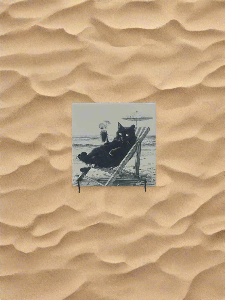 Kit 4 azulejos gatos pretos na praia. - Finngifts