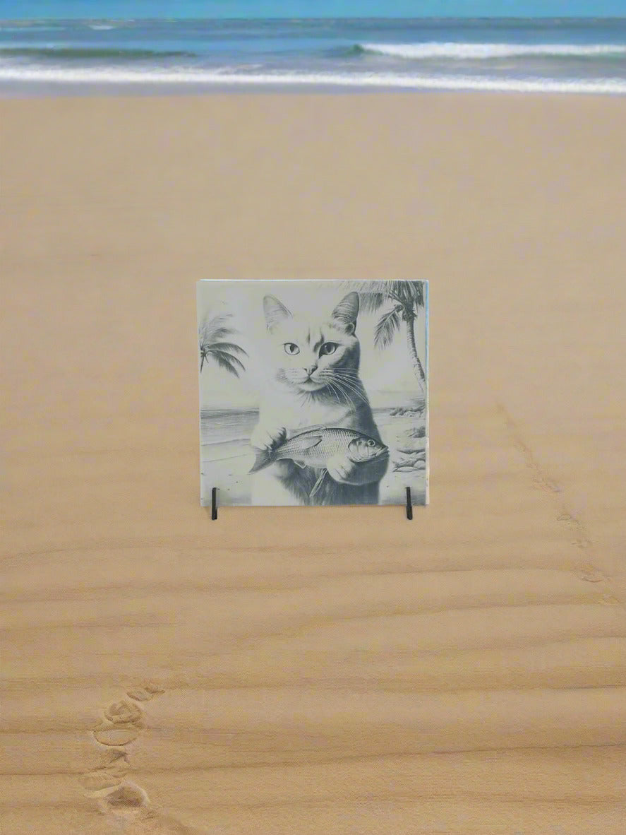 Kit 4 azulejos gatos brancos na praia - Finngifts