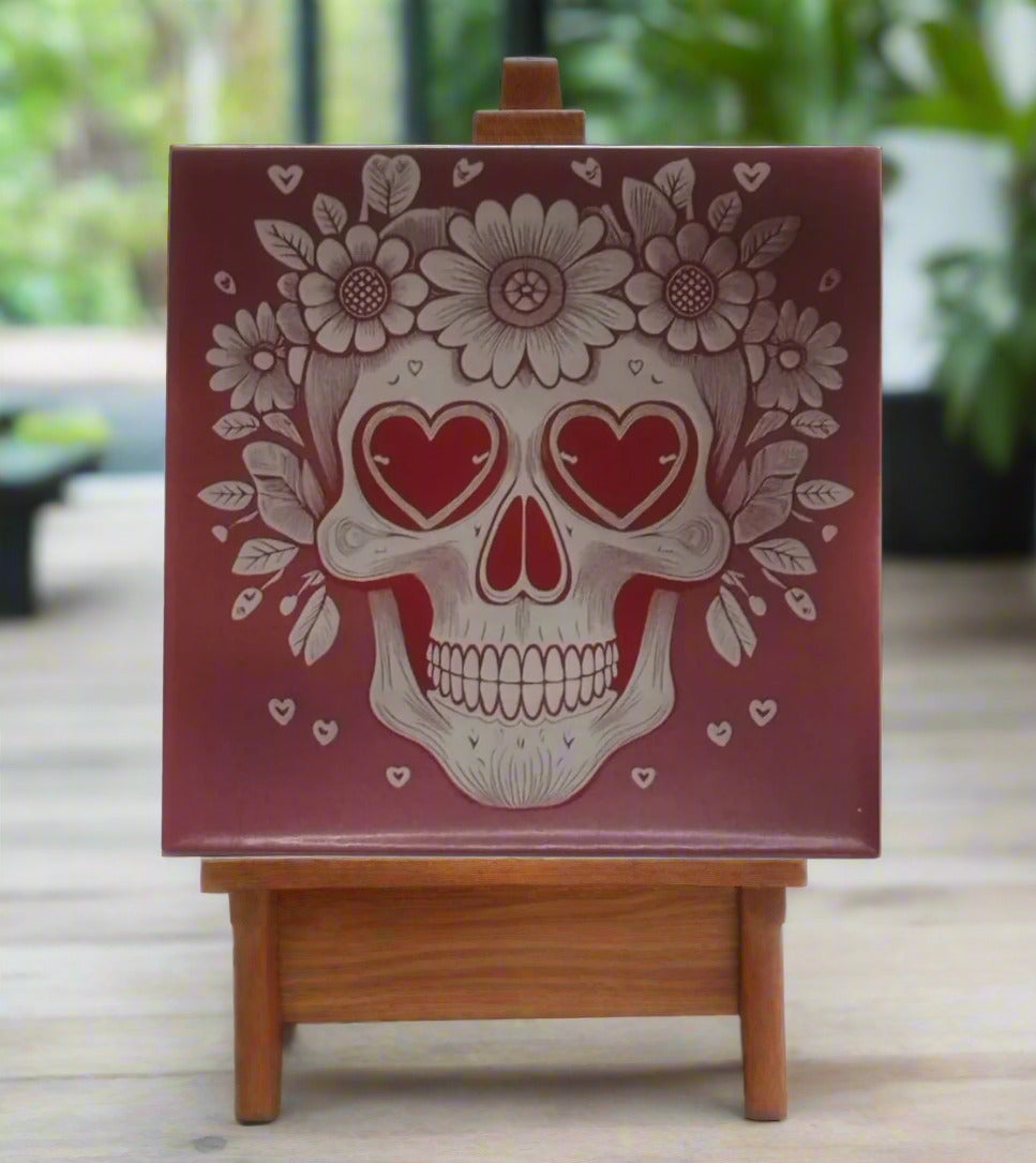 Caveira com coroa de flores azulejo. - Finngifts