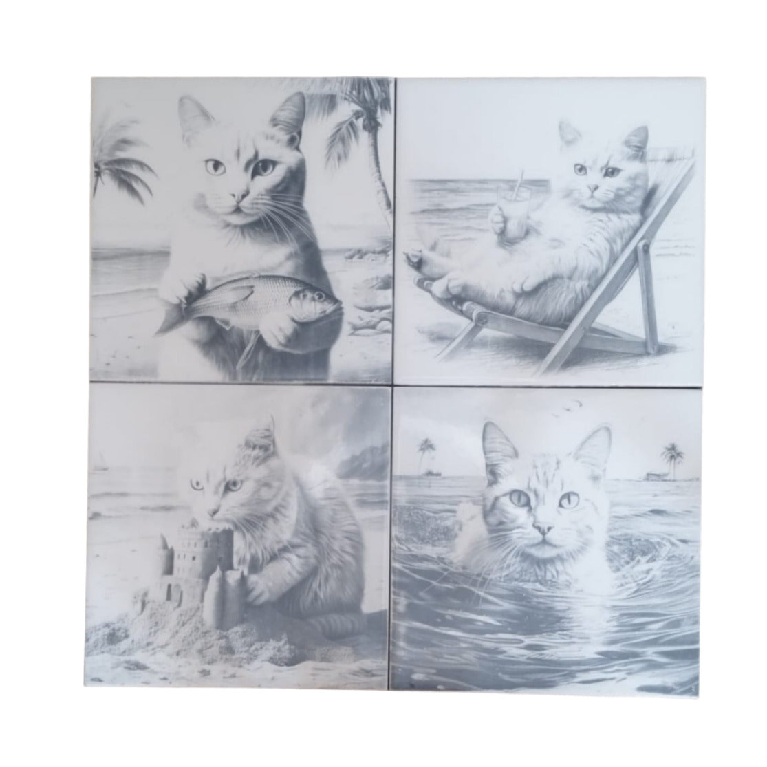 Kit 4 azulejos gatos brancos na praia - Finngifts