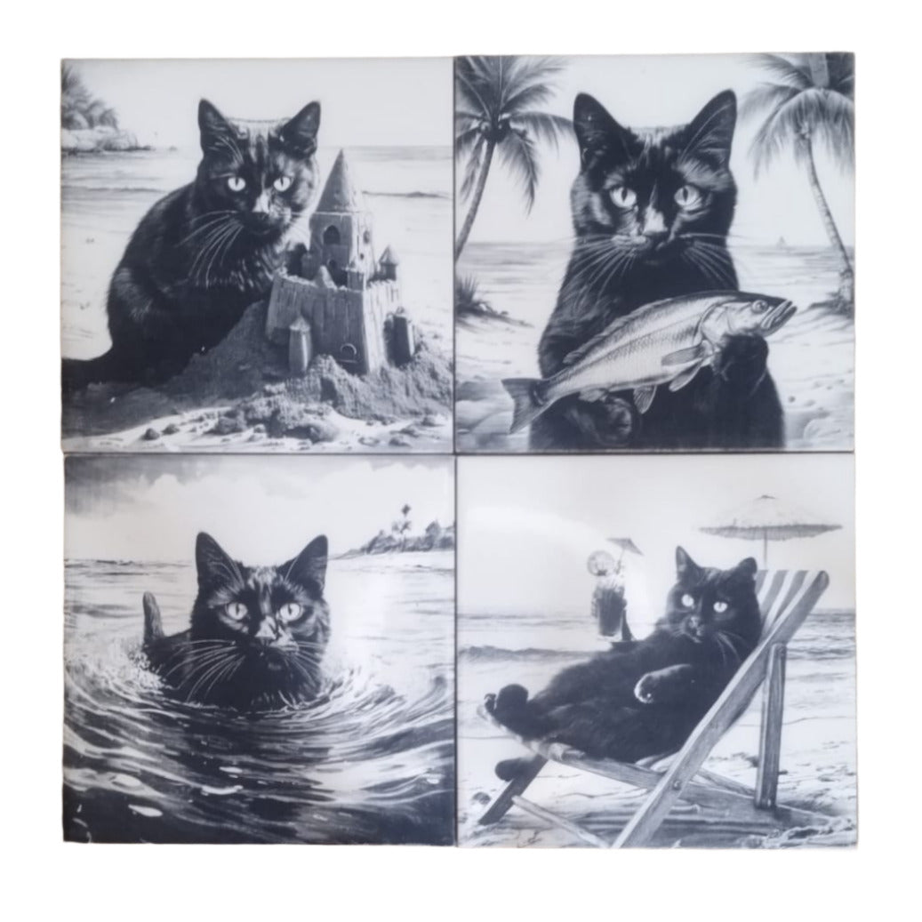Kit 4 azulejos gatos pretos na praia. - Finngifts