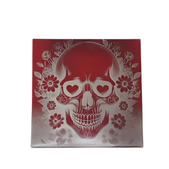 Caveira vermelha com olhos de coração azulejo. - Finngifts