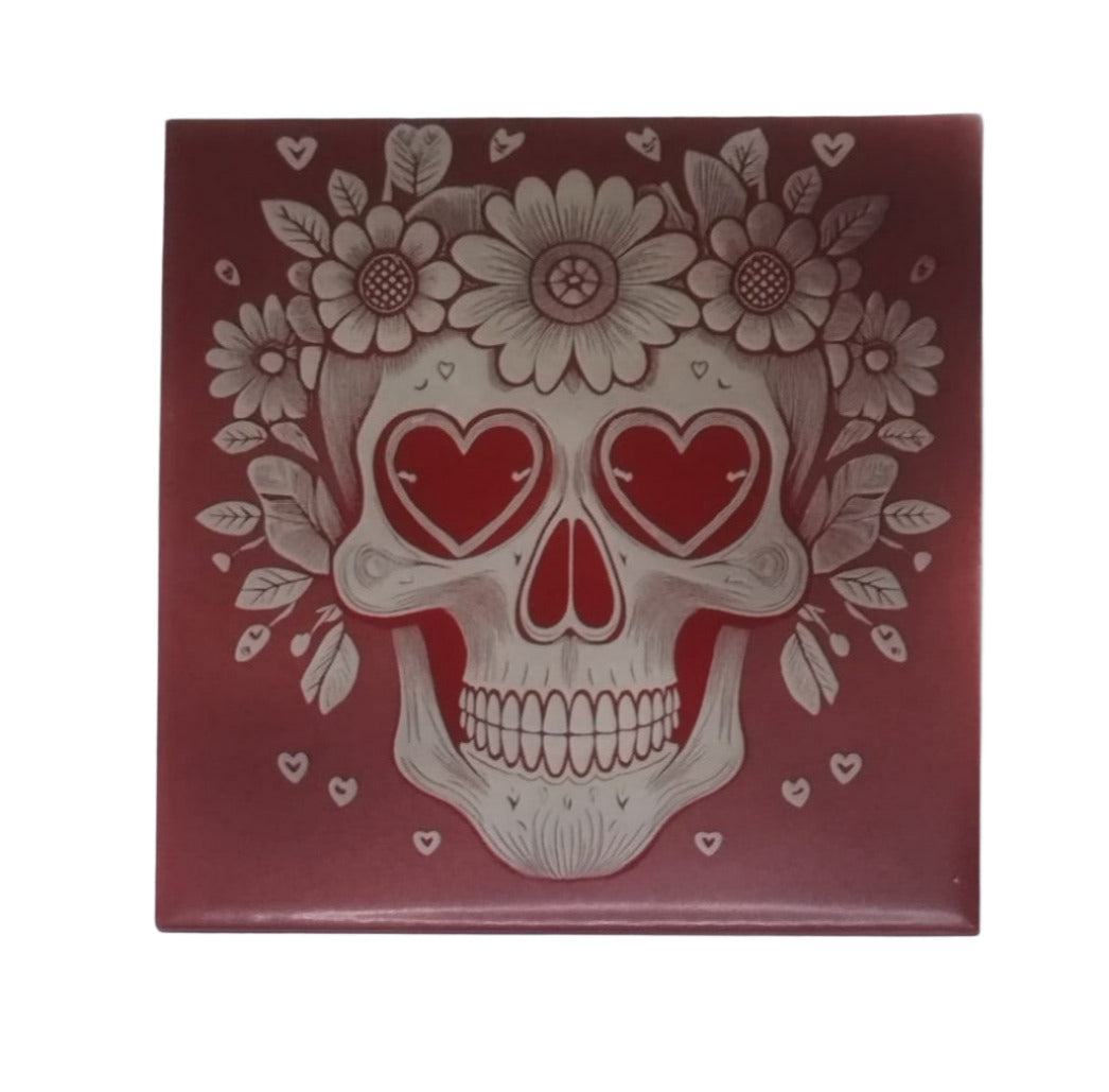 Caveira com coroa de flores azulejo. - Finngifts