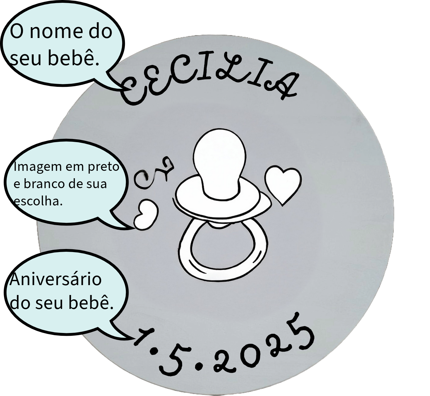 Placa de nome para bebê 35 cm, madeira pintada de branco.