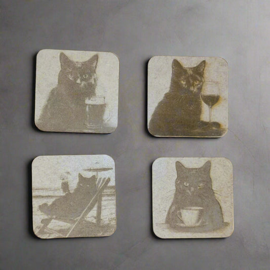 Kit 4 Gatos pretos porta-copos mdf