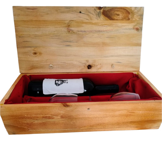 Caixa de Vinho de Madeira com Espaço para Garrafa e Taças. Cor mogno. - Finngifts